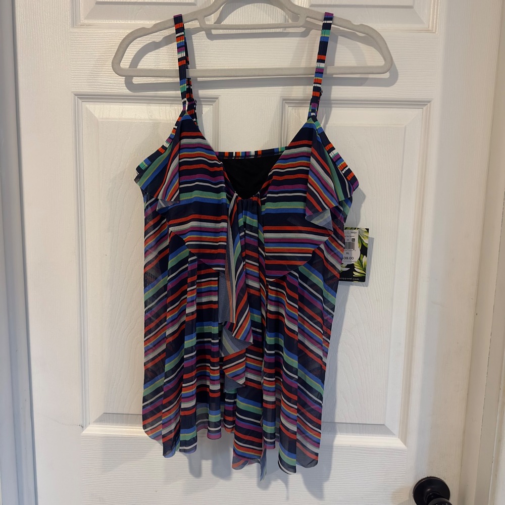 Mazu Swim Stripe Tier Tankini Top Multi Color Ruffle Mesh XL NEW